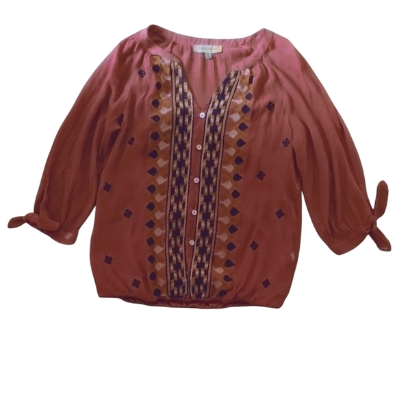 Figueroa & Flower Lulu Rust Embroidered Peasant Blouse Sz M - Picture 2 of 6